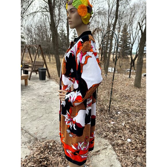 70s MÖVE (Moeve) Terrycloth Robe Coat Mandarin Collar Vibrant Mix Print Cotton - Picture 7 of 13
